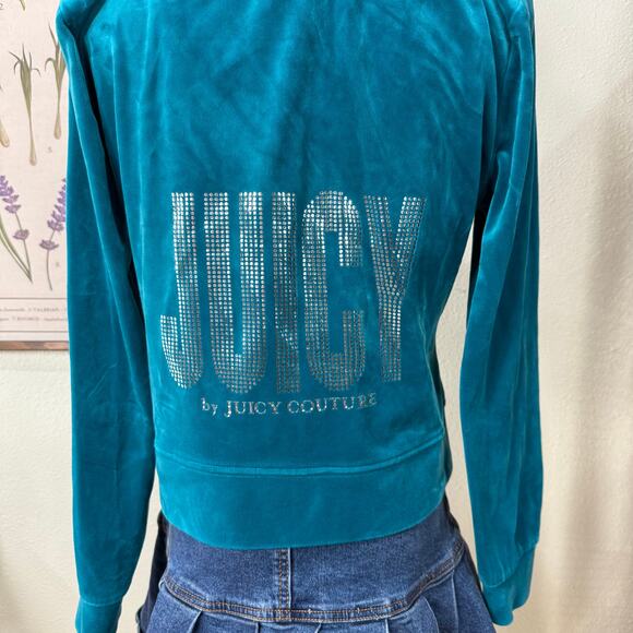 Juicy Couture Peacock Blue Teal Velour Track Hoodie Jacket Y2k McBling Trashy M - Picture 6 of 10